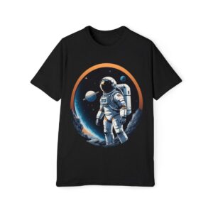 Black T-shirt with astronaut and vibrant orange halo in space