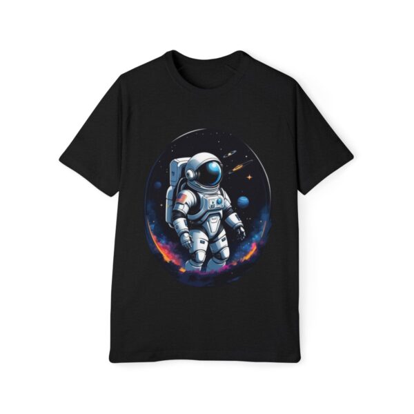 Black T-shirt with a colorful astronaut and cosmic swirl design