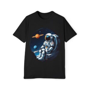 Black T-shirt featuring an astronaut in a spacesuit against a space backdrop with Earth and a small moon