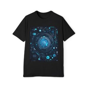 Black T-shirt with an intricate integrated circuit design in blue tones