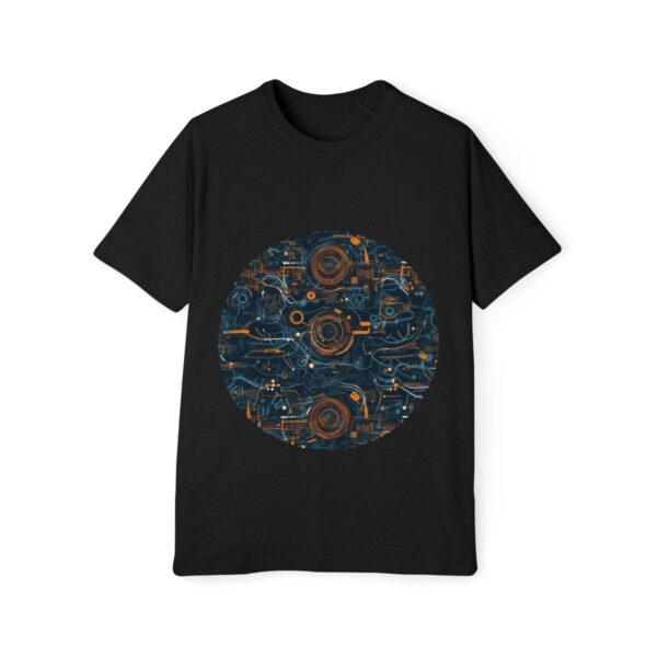 Black T-shirt with a dark orange and blue mechanical gear design in a circular layout