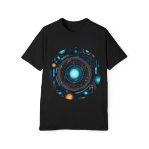 Black T-shirt featuring a complex blue circuit board design with glowing blue and orange accents