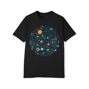 Black T-shirt with a futuristic orange and blue circuit design in a circular pattern