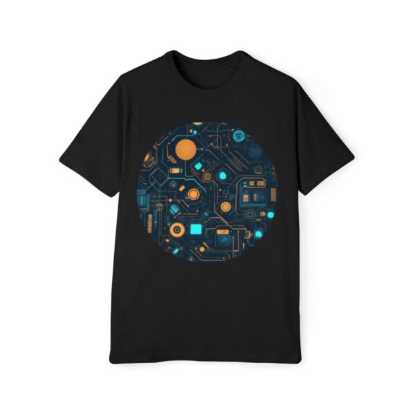 Black T-shirt with a futuristic orange and blue circuit design in a circular pattern