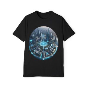 Black T-shirt with a vivid, futuristic cityscape design showcased within a circular frame.