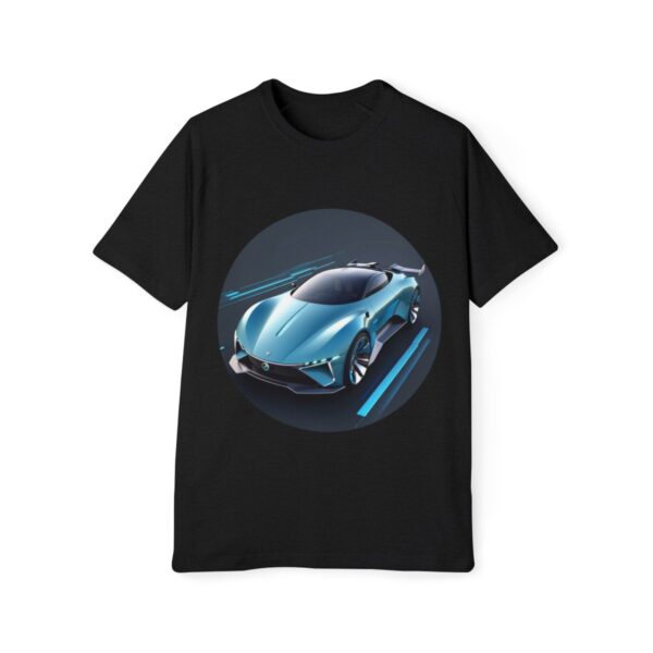 Black T-shirt featuring a sleek futuristic car with neon blue accents speeding on a track.