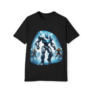 Black T-shirt featuring two futuristic armored figures in a battle stance against a blue backdrop