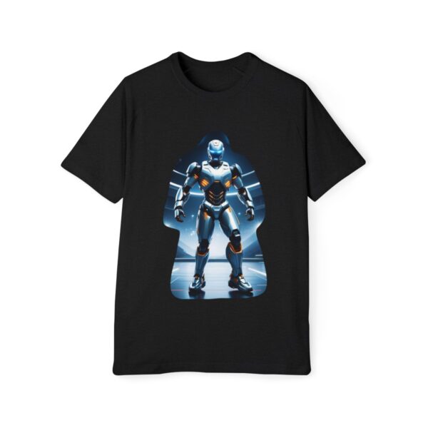 Black T-shirt with a detailed image of a futuristic armored character in a blue icy setting