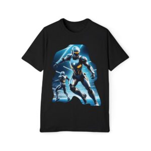 Black T-shirt with a futuristic armored figure in blue tones