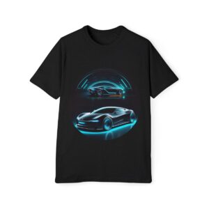 Black T-shirt with an illustration of a futuristic car encircled by a neon blue orbital ring.