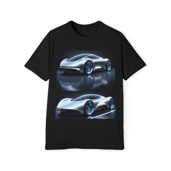 Black T-shirt depicting two angles of a futuristic car in blue hues, set against a dark background.