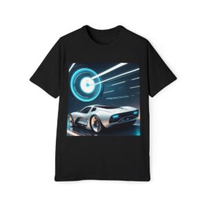 Black T-shirt with an image of a futuristic car moving at high speed, highlighted by a neon blue circle.