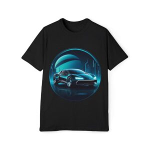 Black T-shirt with a blue neon glowing depiction of a futuristic car in a circular frame.