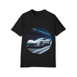 Black T-shirt showcasing a futuristic white sports car speeding on a track under a neon light.