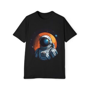 Black T-shirt with an astronaut in space surrounded by an orange halo