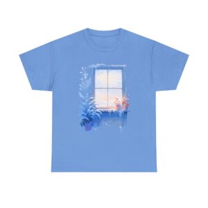 Unisex tee with a frosty window design featuring a winter scene with snow and ice