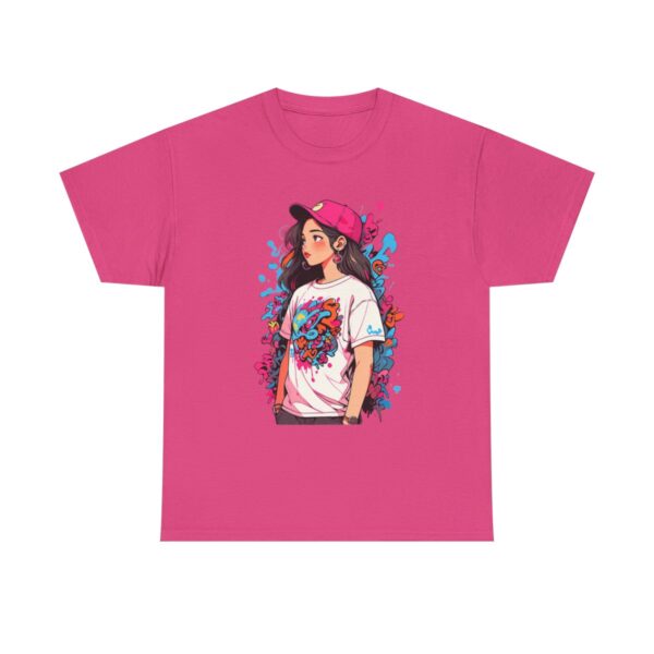 Unisex Tee with an artistic graffiti design featuring a stylish woman in a pink cap