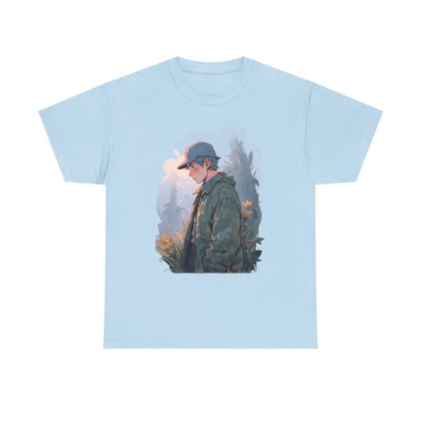 Unisex tee with a foggy morning design featuring a person in a cap and jacket amidst a misty forest