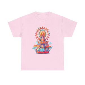 Unisex heavy cotton tee with a colorful amusement park design featuring a Ferris wheel and carousel