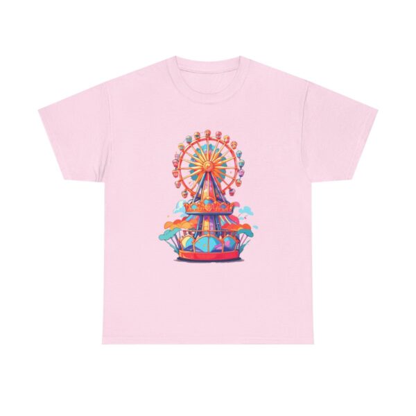 Unisex heavy cotton tee with a colorful amusement park design featuring a Ferris wheel and carousel