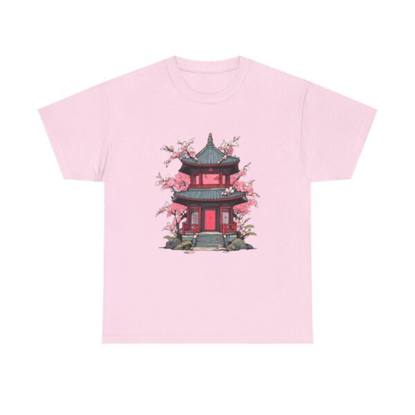 Unisex heavy cotton tee with an Asian temple and cherry blossoms design