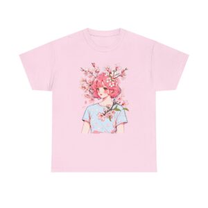 Unisex heavy cotton tee with a design of a girl with short pink hair surrounded by cherry blossoms