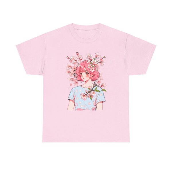 Unisex heavy cotton tee with a design of a girl with short pink hair surrounded by cherry blossoms