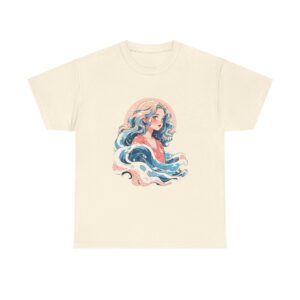 Unisex tee with a beach-inspired design featuring a woman with wavy hair and ocean waves