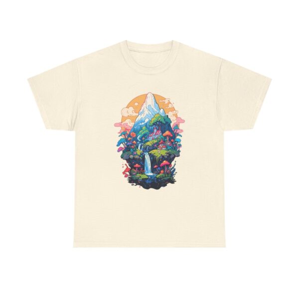 Unisex tee featuring a colorful fantasy landscape with mountains, trees, and a waterfall