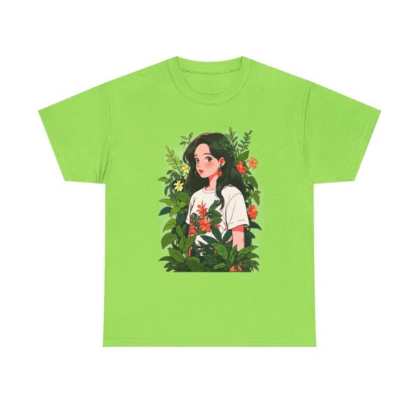 Woman surrounded by lush plants design on a T-shirt