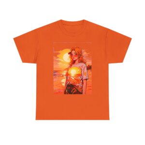 Unisex tee featuring a portrait of a woman with a golden sunrise on the beach