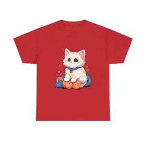 Unisex Tee with a cute furry kitten and pumpkins design