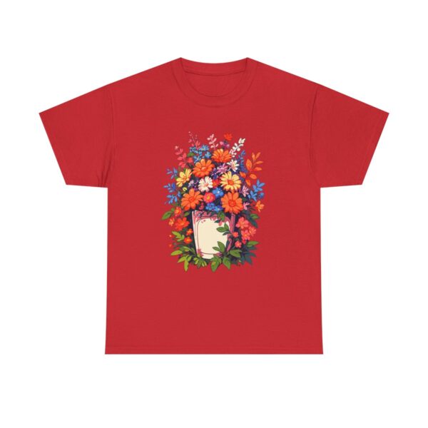 Unisex tee with a flourishing garden design featuring a variety of colorful flowers and a blank sign