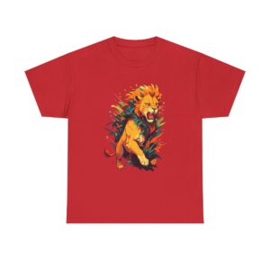 Unisex tee with a fierce lion design featuring a roaring lion in colorful foliage