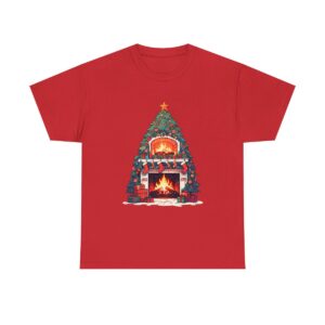 Unisex tee with a Christmas tree design featuring a decorated tree, fireplace, stockings, and gifts