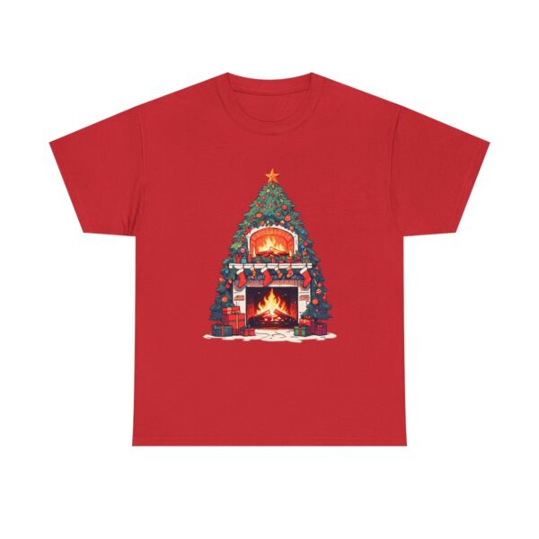 Unisex tee with a Christmas tree design featuring a decorated tree, fireplace, stockings, and gifts