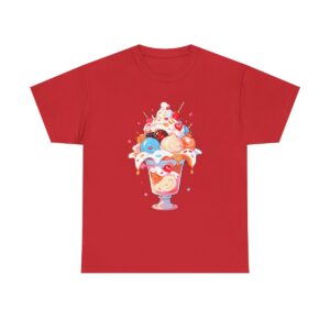 Unisex tee with a sundae design featuring a colorful ice cream sundae with various toppings