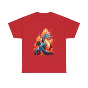 Unisex tee with a dragon design featuring a blue dragon engulfed in flames