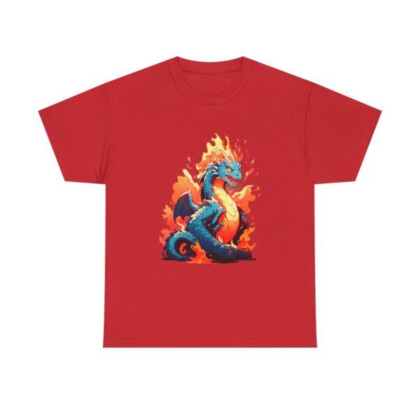 Unisex tee with a dragon design featuring a blue dragon engulfed in flames