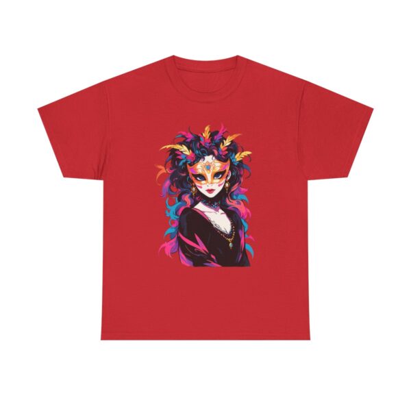 Unisex tee with masquerade ball design featuring a colorful mask