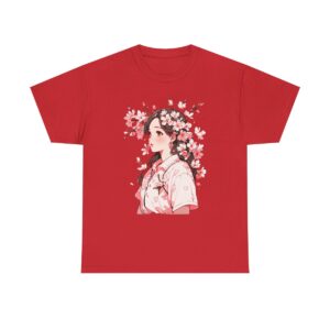 Unisex heavy cotton tee with a design of a girl with braided hair surrounded by cherry blossoms