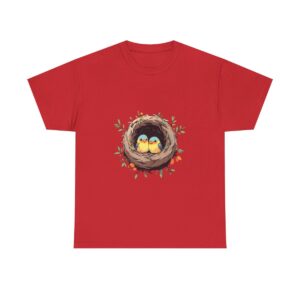 Unisex heavy cotton tee with two baby birds in a nest design