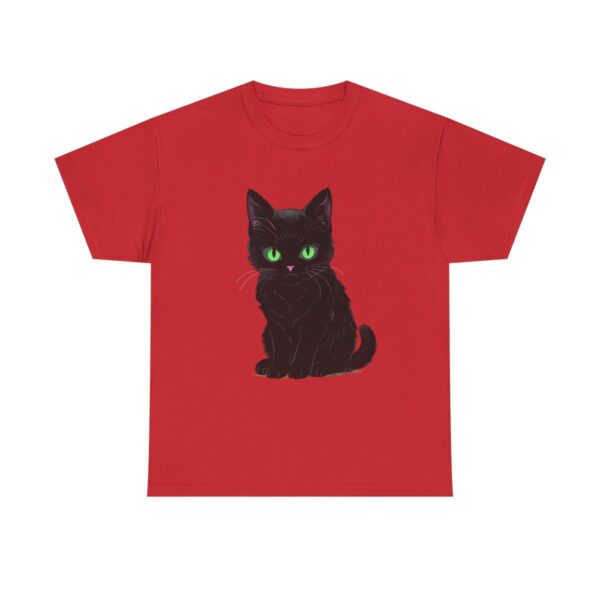 Black cat with green eyes design on a T-shirt