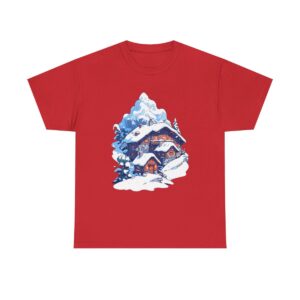 Unisex Tee with an alpine village in winter design