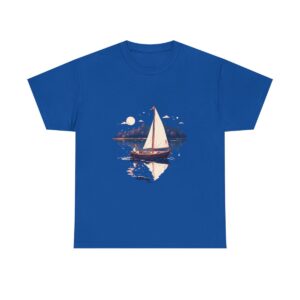 Unisex tee with a boat sailing on a moonlit lake design