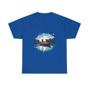 Unisex tee with a boat sailing on a calm lake design