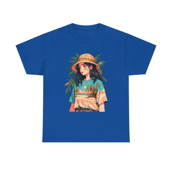 Unisex tee with a design featuring a woman wearing a hat with palm trees in the background