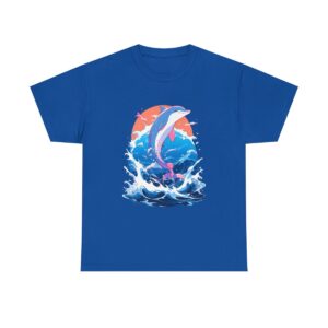 Unisex tee with a dolphin design featuring a dolphin leaping from waves with a sunset background