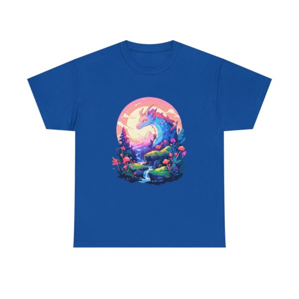 Unisex tee featuring a colorful fantasy landscape with a dragon, mountains, and a stream