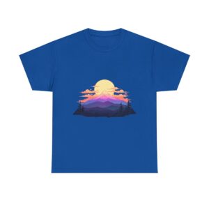 Unisex heavy cotton tee with a peaceful sunrise over mountains design